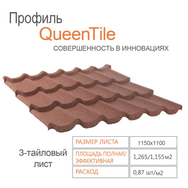 Профиль QueenTile Standard Terra-Cotta 3-тайловый лист черепицы — изображение 2