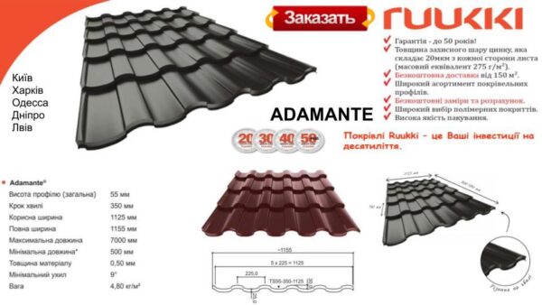 Металлочерепица - Adamante "Ruukki" Pural matt BT 0,5 мм RR — изображение 6