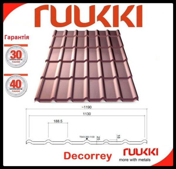 Металлочерепица Ruukki DECORREY Grand™ 30  Rough matt RR 887 — изображение 2