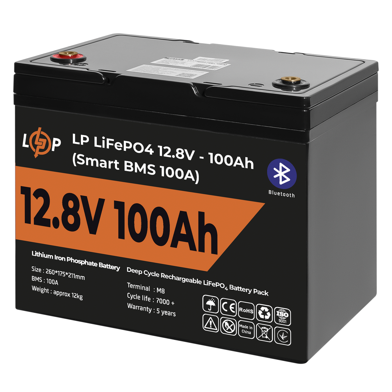 Акумулятор LP LiFePO4 12V (12,8V) - 100 Ah (1280Wh) (Smart BMS 100А) з BT пластик — изображение 3