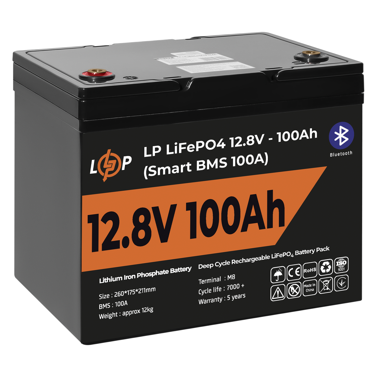 Акумулятор LP LiFePO4 12V (12,8V) - 100 Ah (1280Wh) (Smart BMS 100А) з BT пластик — изображение 4